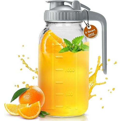 Glass Pitchers with Lid and Handle, 64oz Breast Milk Pitcher, 2 Quart Wide Mouth Mason Jar, Leak-proof Glass Water Pitcher, Creamer Container for Cold Brew, Sun Tea, Juice, Iced Coffee-Gray/1 Pack