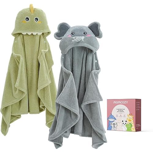 Momcozy Baby Bath Towels with Visualize Health Label - Ultra Soft & Absorbent Coral Fleece Hooded Towels for Newborn, Infant, Toddler (0-36 Months) Bath Essentials (Large Size,2 Pack)