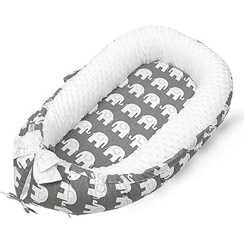 Baby Lounger, Ultra Soft 100% Cotton & Breathable Fiberfill Newborn Lounger, Portable Adjustable Infant Floor Seat for Travel, Newborn Must Have Essentials Baby Registry Search(Elephant)