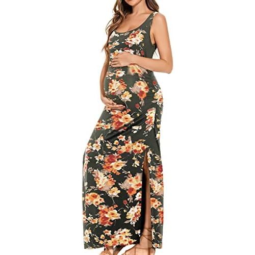 Smallshow Women's Split Long Maternity Dress Sleeveness Ruched Pregnancy Clothes