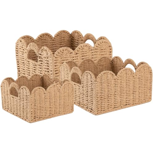 OIAHOMY Scalloped Wicker Baskets, Hand-woven Storage Baskets with Built-in Handles, Paper Rope Shelf Baskets for Organizing and Decoration, Set of 3-Yellow