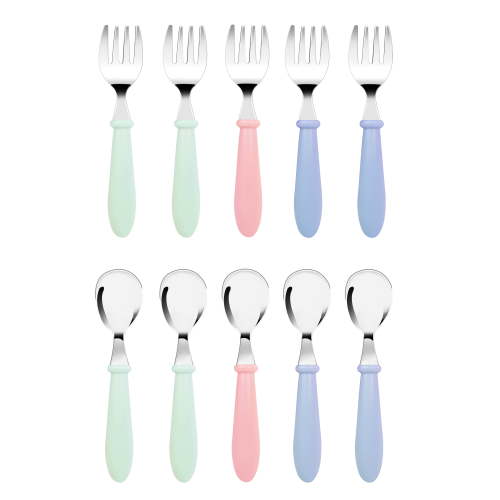 10 pcs Toddler Utensils, Stainless Steel Toddler Silverware Set with Round Handle, Baby Forks for Self Feeding, 5 Toddler Forks and 5 Toddler Spoons, BPA Free