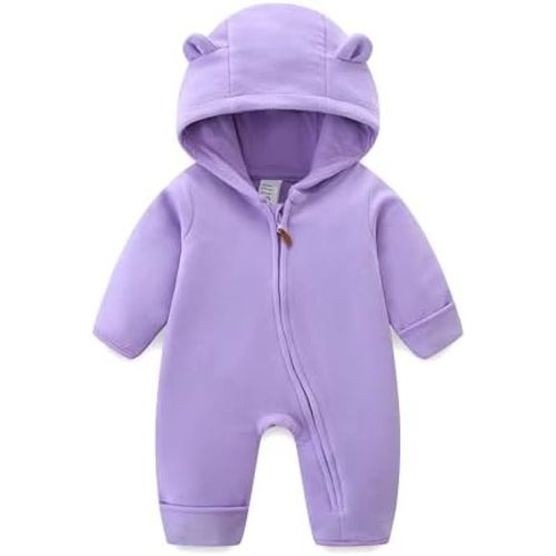 Newborn Baby Bear Onesie Winter Snowsuit With Fold-over Mittens & Footies Zip Up Baby Fleece Jumpsuit 0-18M