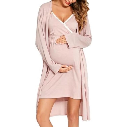 SWOMOG Womens Maternity Robe 2 Piece Nursing Nightgown for Breastfeeding 3 in 1 Labor Delivery Nursing Dress Lace Bathrobe