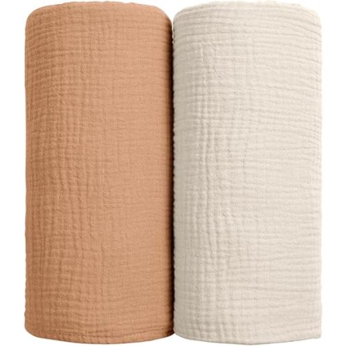 lulumoon Muslin Swaddle Blanket Baby - Cotton Swaddling Blanket Soft Baby Receiving Blanket Neutral 2Pack(Caramel)