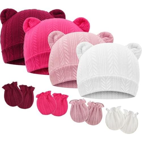 BQUBO Newborn Baby Hats Bear Ears and Mittens Sets Preemie Caps Baby Boy Girl Infant Hospital Beanie for 0-3 Months