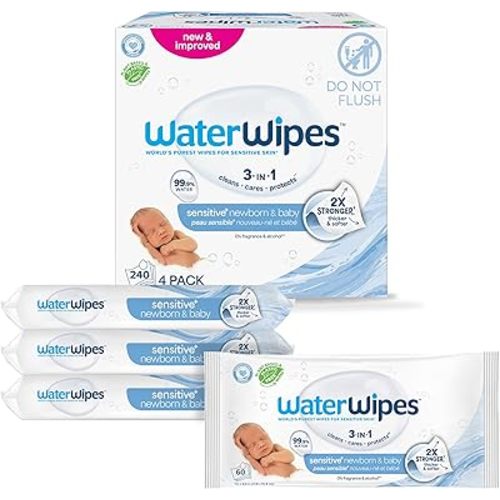 WaterWipes Sensitive+ Newborn & Baby Wipes, 3-In-1 Cleans, Cares, Protects, 99.9% Water, Unscented & Hypoallergenic, 240 Count (4 Packs)
