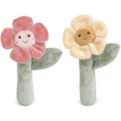 MON AMI Soft Baby Rattle Toy Set of 2 Pcs – 6”, Flower Shaped Plush Stuffed Rattle for Newborns, Babies, Sensory Development Toys for Infants & Toddlers