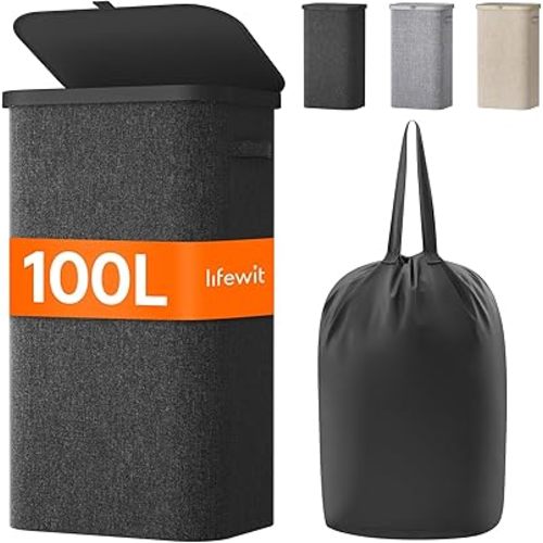 Lifewit 100L Laundry Basket with Lid, Large Laundry Hamper with Plastic Handles and Removable Bag, Foldable Tall Dirty Clothes Hampers for Laundry Room, Bedroom, Bathroom, Dorm, Dark Gray