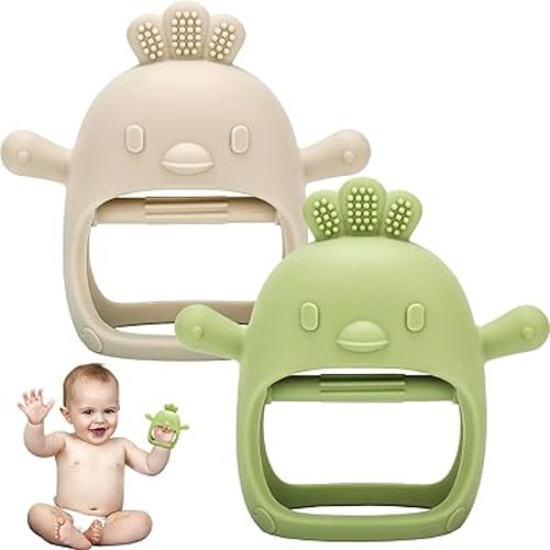 Teething Toys for Babies, 2 Pack Silicone Baby Teething Toys, Mitten Glove Teether for Baby Sucking Needs, Baby Teethers Toys 3Month+, Hand Pacifier Chew Toys for Teething Pain Relief (Beige/Green)