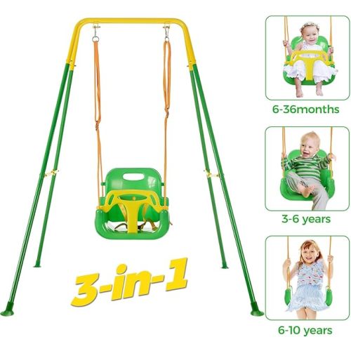 FUNLIO 3-in-1 Toddler Swing Set with 4 Sandbags, Indoor/Outdoor Baby Swing with Foldable Metal Stand, Kids Swing Set for Backyard, Clear Instructions, Easy to Assemble & Store, Light Green - Light Green 3-in-1 Swing Set