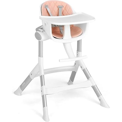 INFANS Baby High Chair, Modern Convertible Design Highchair with Aluminum Construction, 5 Different Heights, Removable Tray, Detachable PU Leather Cushion, Dinning Seat for Infant and Toddlers Pink