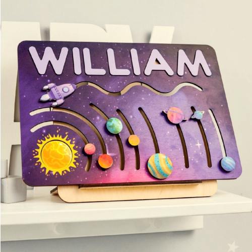 Space name puzzle personalized, Interactive solar system toy, Toddler busy board with planets, 2 year old boy gift, Preschool activity board