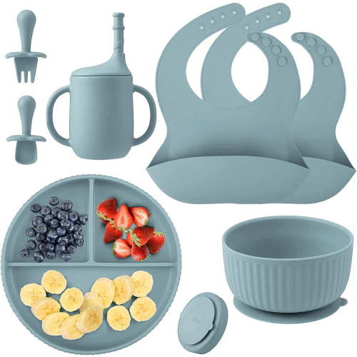 AYAOQIANG Soft Silicone Baby Feeding Set, Baby Led Weaning Set Infant Self Eating Utensil Set 7pcs Light Grey