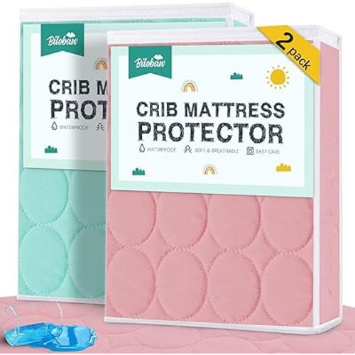 Crib Mattress Protector Sheets Waterproof 2 Pack, Quilted Crib Mattress Pad Cover Fitted Fits for Baby Toddler Bed Mattress, Aqua & Pink, 52” x 28”