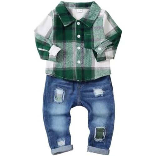 NZRVAWS Toddler Baby Boy Clothes Infant Long Sleeve Plaid Pocket Shirt Denim Ripped Jean Pants Outfits Set 6-24 Months 2-5T