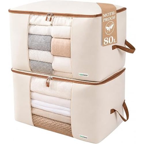 Chaos Cleared Canvas Storage Bags Designer Organizer for Comforters 2 Pack – Seasonal Storage for Pillows, Blankets, Linens & Garments – Foldable Design with Zip & Window, Moth-Proof Space Saver