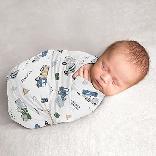 Sweet Jojo Designs Construction Truck Boy Baby Swaddle Blanket Infant Newborn Lightweight Jersey Stretchy Receiving Security Stroller Cover Grey Blue Green Transportation Zone Vehicles Yellow Black