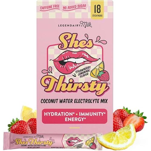 Legendairy Milk She’s Thirsty Hydration Packets | Cortisol Supplement for Stress Relief & Adrenal Support | Coconut Water Electrolytes Powder, Strawberry Lemonade, No Sugar Added 18 ct