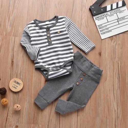 0-3 Months Newborn Baby Boy Clothes Romper Jumpsuits 2Pcs Clothing Set Cute Infant Outfit Gray