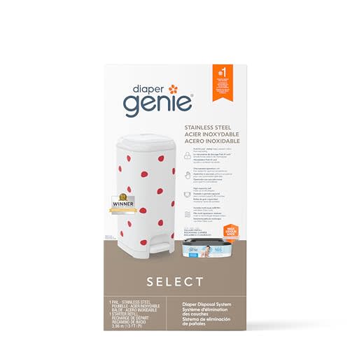 Diaper Genie Select Pail (Red Polka Dot) is Made of Durable Stainless Steel and Includes 1 Starter Square Refill That can Hold up to 165 Newborn-Sized Diapers.