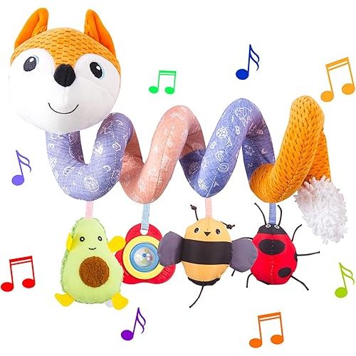 Car Seat Toys, Infant Baby Orange Fox Spiral Plush Activity Hanging Toys for Car Seat Stroller Bar Crib Bassinet Mobile with Music Box BB Squeaker and Rattles(Orange)