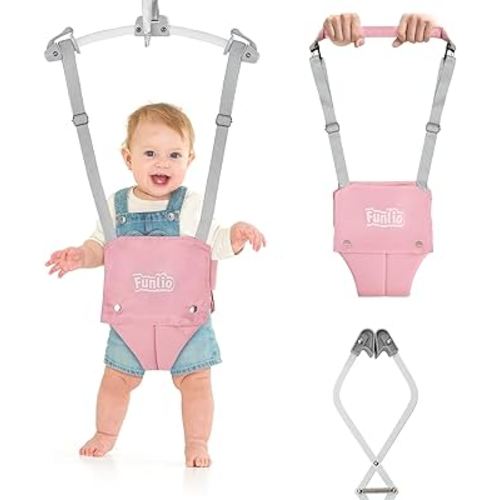 FUNLIO 2 in 1 Baby Door Jumper with Door Clamp, Baby Walking Harness for 6-24 Months, Infant Jumper Doorway with Strong Spring & Adjustable Strap, Easy to Assemble & Store - Pink