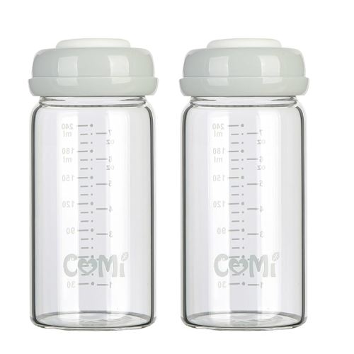 COMI Wide Neck Glass Breastmilk Collection n Storage Bottle, 8oz with Screw Ring Sealing Disk; Re-markable Sealing Disc. BPA Free, Fits Breast Pumps & Nipples (2 Gray Lids)