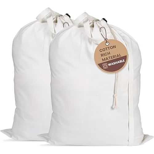 LFH Home Cotton Canvas Large Laundry Bag with Handle, Heavy Duty Drawstring Closure Washable Laundry Bags, School Travel, Home, Hotel, College Dorm, Organizer Sack, Toy Clothes 24x36 (Pack of 2)-White