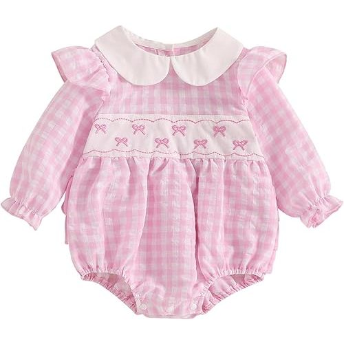 Adobabirl Infant Baby Girl Outfit Newborn Bow Bubble Romper Long Sleeve Embroidery Jumpsuit Cute Smocked Clothes