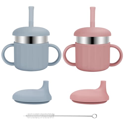 EsOfficce Baby Sippy Cups, 7.4 Oz 3 Stages Training Straw Cups for Infants Toddlers 6-12 Month and Kids 1-3 Year, Stainless Steel Kid Cups with Silicone Straws (Coral + Blue)