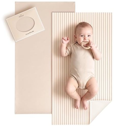 Konssy Faux Leather Baby Changing Mat, Waterproof, Wipeable & Portable Diaper Changing Pad for Travel or Home, Fits Perfectly in Diaper Bag, 30 x 17 inches (Beige,Stripes)