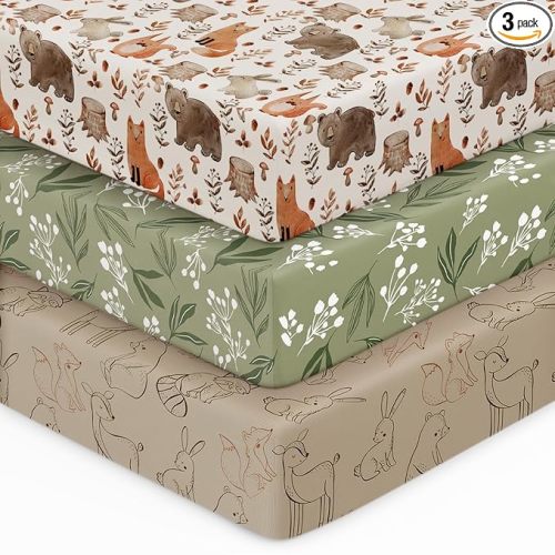 Unnivoll Baby Crib Sheets for Boys Girls, 28x52x8in Fitted Crib Sheet Neutral 3 Pack for Standard Crib and Toddler Mattress, Breathable Soft Microfiber Baby Sheet Green & Brown Fox