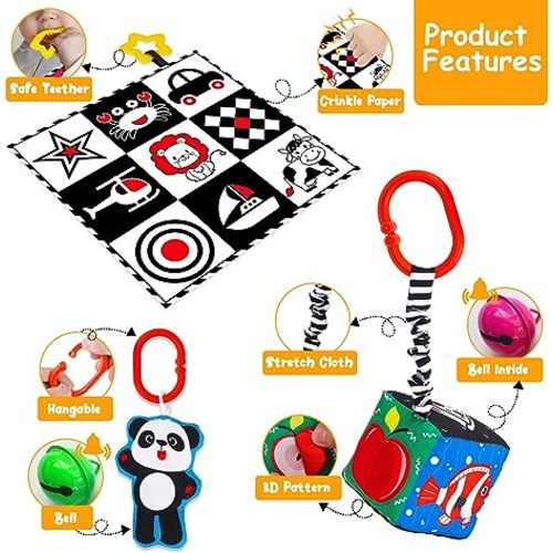 4 PCS Black and White High Contrast Baby Toys 0-3-6 Months Newborn Essential Montessori Toys for Babies Crinkle Sensory Book for Brain Development Tummy Time Mirror Infant Carseat Rattle 9 Month Gift
