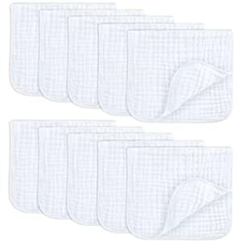 Comfy Cubs Muslin Burp Cloths 20" x 10", Pack of 10 - Large, 6-Layer, Ultra Absorbent 100% Cotton for Baby Drool and Messes - Soft, Safe & Gentle Baby Burp Cloths for Boys & Girls - White