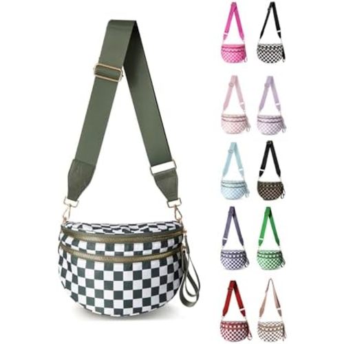 Crossbody Bag for Women,Nylon Crossbody Bag Checkered Bum Bag Checkered Black and White Waist Bag Crescent Fanny Pack
