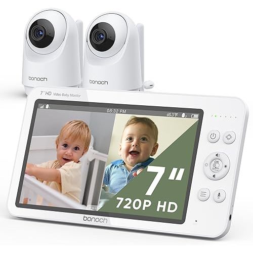 bonoch MegaView Baby Monitor with 2 Cameras, 7" 720P HD Split Screen Baby Monitor No WiFi, Video Baby Monitor with Camera and Audio, 6000mAh, VOX Mode, 2 Way Audio, Remote PTZ, Auto Night Vision