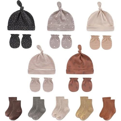 Baby Boy Girl Cotton Hat Mitten Sock Set 15 Pack Infant Essential Accessories for 0-6 Months