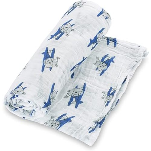 LollyBanks Muslin Swaddle Blanket, 100% Muslin Cotton Baby Blankets for Boys, 47 X 47 Inches Baby Boy Swaddles, Breathable and Lightweight Infant Blanket, Newborn Essential, Registry (Airplane Print)