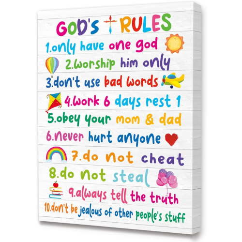Bible Verses Wall Art for Kids,God''s Rules Colorful Rainbow Art Print for kids,Christian Religious Wall Art Gifts for Kids,Ready to Hang For Kids Nursery/Classroom/Bedroom Wall Decor 12" x 15"