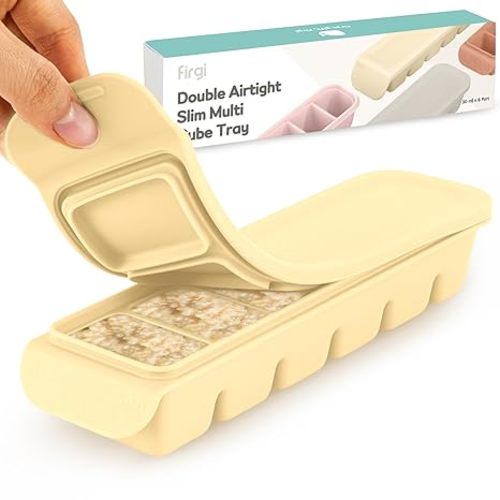 1 oz/6 Sections Silicone Ice Cube Freezer Tray with Lid, 100% Food-Grade Platinum Silicone,Leak Resistance & Dishwasher Safe for Baby Food Prep,Breast Milk,Purees - Korean Made, Beige