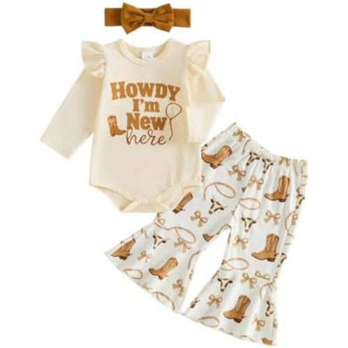 Sasaerucure Baby Girl Western Long Sleeve Romper + Pants + Bow 3Pcs