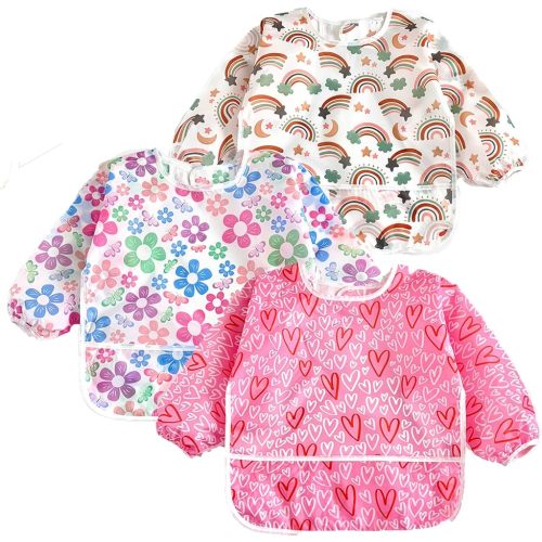 PandaEar 3 Pack Long Sleeve Baby Bibs, Waterproof Full Sleeve Bib for Toddlers, Adjustable Fit for Ages 6-36 Months