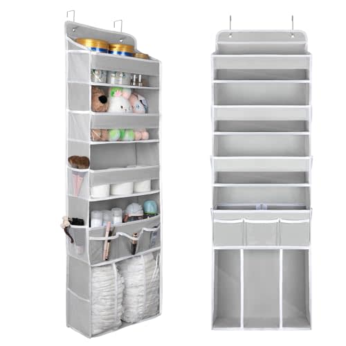 DCCDU Over the Door Organizer, 5 Tiers Hanging Nursery Storage Closet Organizer with 1 Movable Shelf, Large Capacity Diaper Caddy, 10 Side Pockets, Bedroom Bathroom Decor for Baby Must Haves Toy, Grey