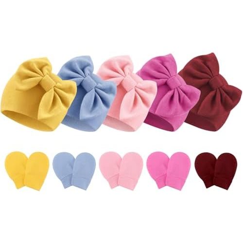 Newborn Baby Hats and Mittens Set Infant Bow Beanie Cap Toddler Gloves Newborn Hospital Hats for Baby Boy Girl 0-12 Months
