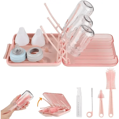 Baby Bottle Brush Set-6 in 1 Bottle Brush Cleaner with Silicone Bottle Brush,Drying Rack,Nipple Brush,Straw Brush,Soap Dispenser&Storage Box-Baby Essentials Gifts for Home&Travel(Pink)