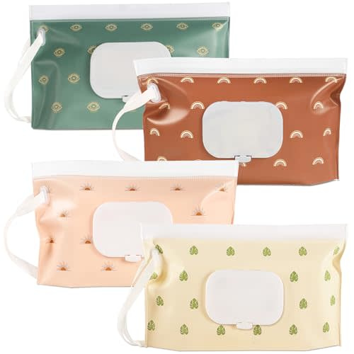 FEBSNOW 4 Pack Baby Wipes Dispenser, Portable Refillable Wipe Holder Baby Wipes Container Travel Wipes Case Reusable Boho Wet Wipes Pouch