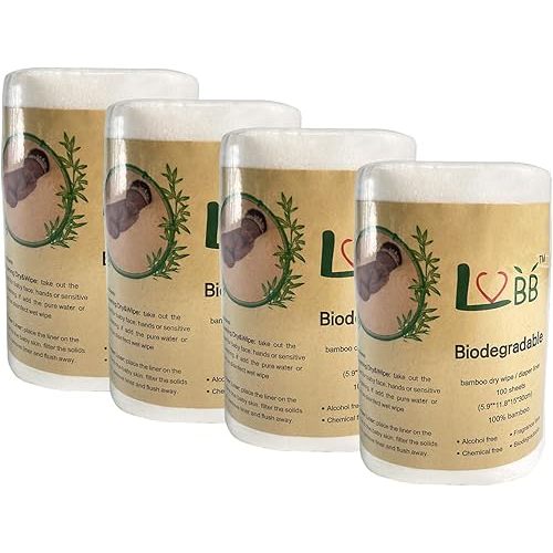 LVBB 100% Bamboo Biodegradable Rayon Cloth Diaper Liners Disposable, Gentle and Soft Bamboo Diaper Liners, Fragance Free and Chlorine Free Disposable Diaper Liners,White,100 Count/Roll (Pack of 4)