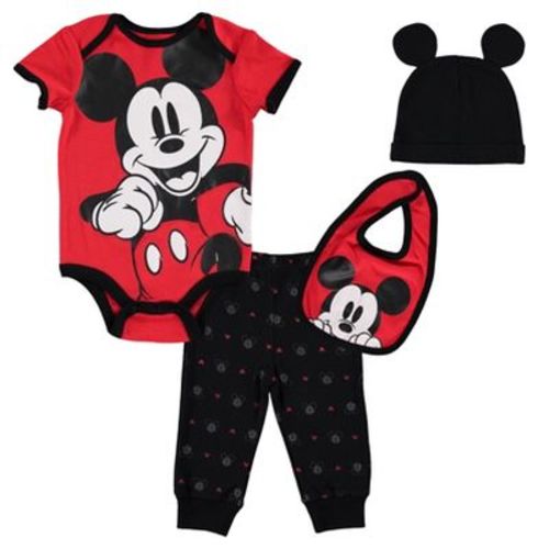 Disney Mickey Mouse Infant Baby Boys 4 Piece Outfit Set: Bodysuit Pants Bib Hat Red/Black 12 Months