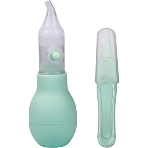 Baby Nasal Aspirator – Manual Baby Nose Cleaner with Soft Silicone Tip, Anti-Backflow, Includes Cleaning Tweezers & Portable Case (Green, One Size)